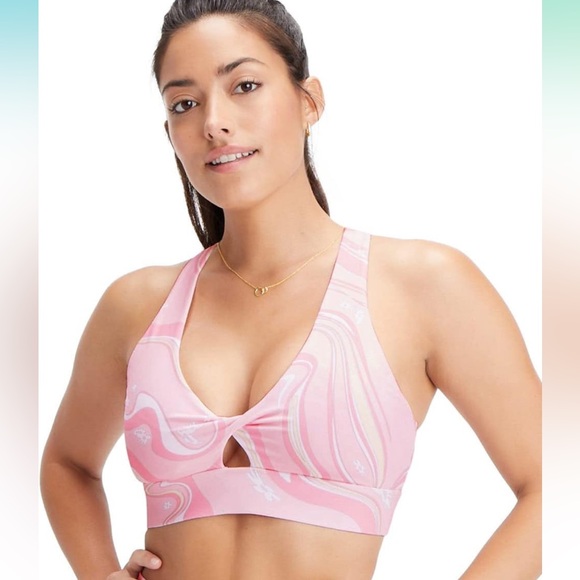 Fabletics Oasis Twist Sports Bra Marble Daisy Guava Pink Yellow White Retro - Picture 7 of 8